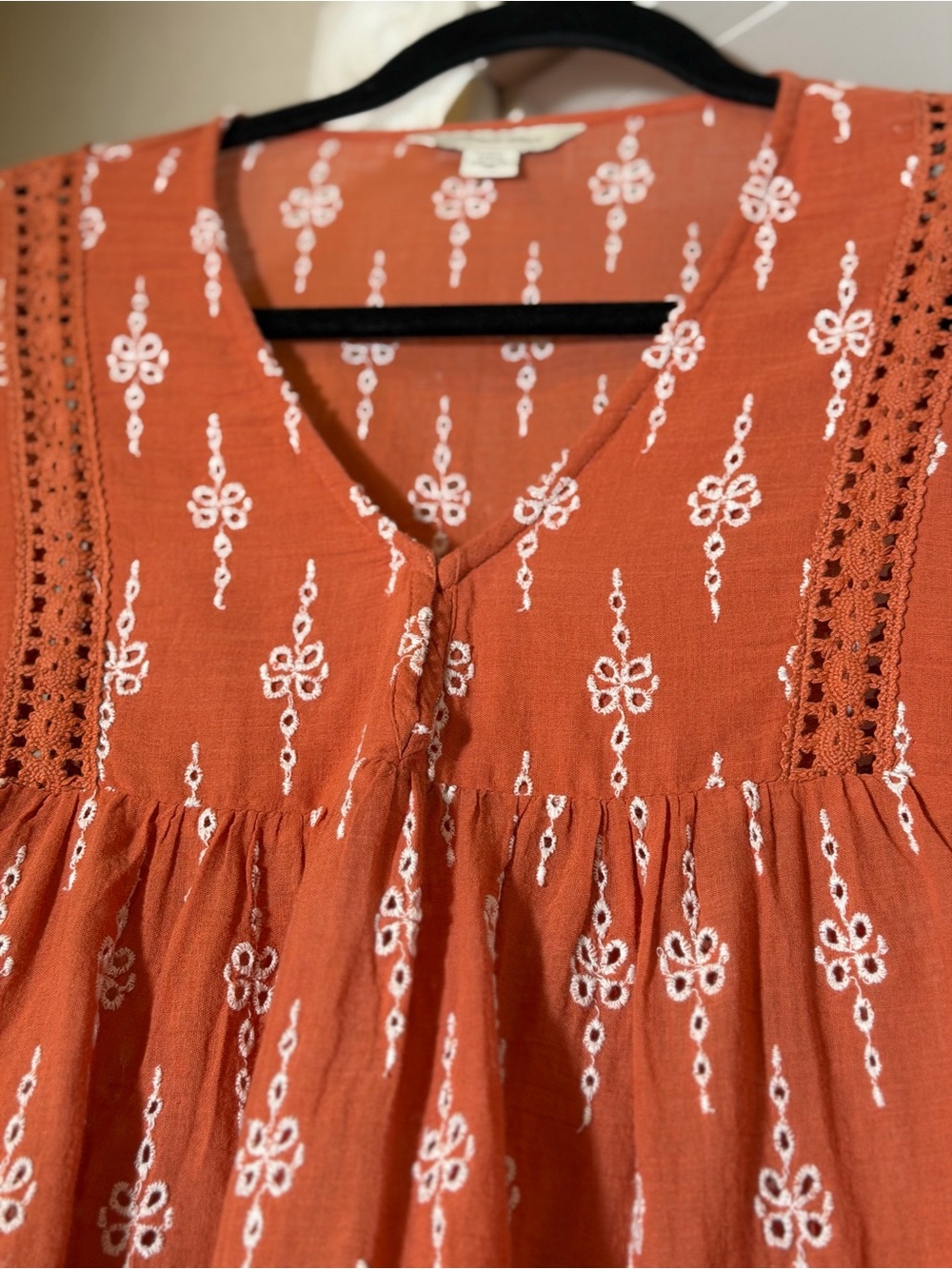 American Eagle~Boho~Terracotta~White Embroidered Eyelet~Lace~Tunic Top~Size LG/G - Picture 8 of 16